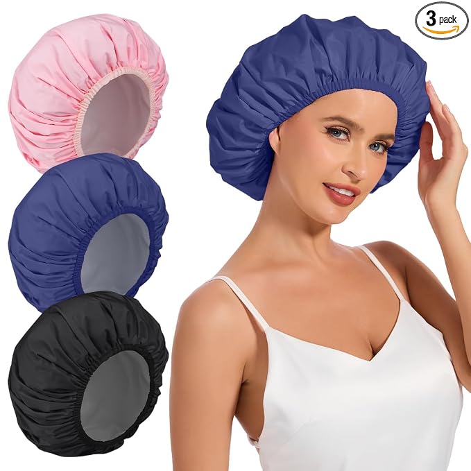 3 Pack Reusable Shower Caps for Women Waterproof, Large Hair Cap for Shower and by KAFTERI