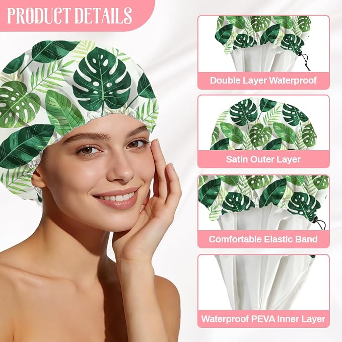 Tropical Leaves Reusable Shower Cap Green Monstera Double Layer Waterproof - Image 3