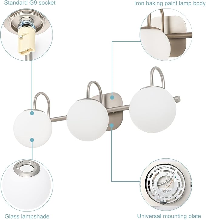 Brushed Nickel Bathroom Vanity Light Fixtures 3 Lights Milk White Glass Globe - Image 5