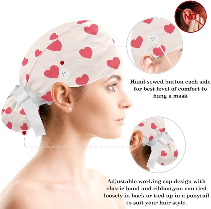 Scrub Caps Women Ponytail Cute Pink and White Leaves Caps Bouffant Working Hat - Image 3