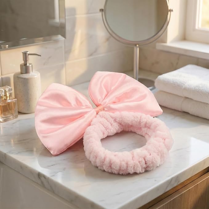 JIAHANG Large Bow Facial Spa Headband, Morning Wash Skincare Satin Bow Hairband - Image 3
