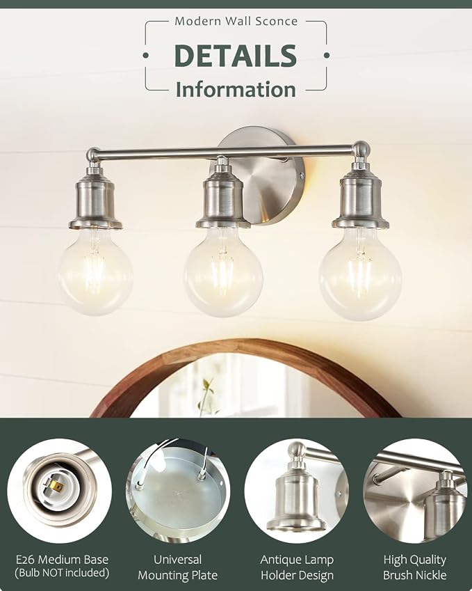 3-Light Vanity Light Fixture, Modern Brushed Nickel Wall Sconce Light Fixture - Image 2