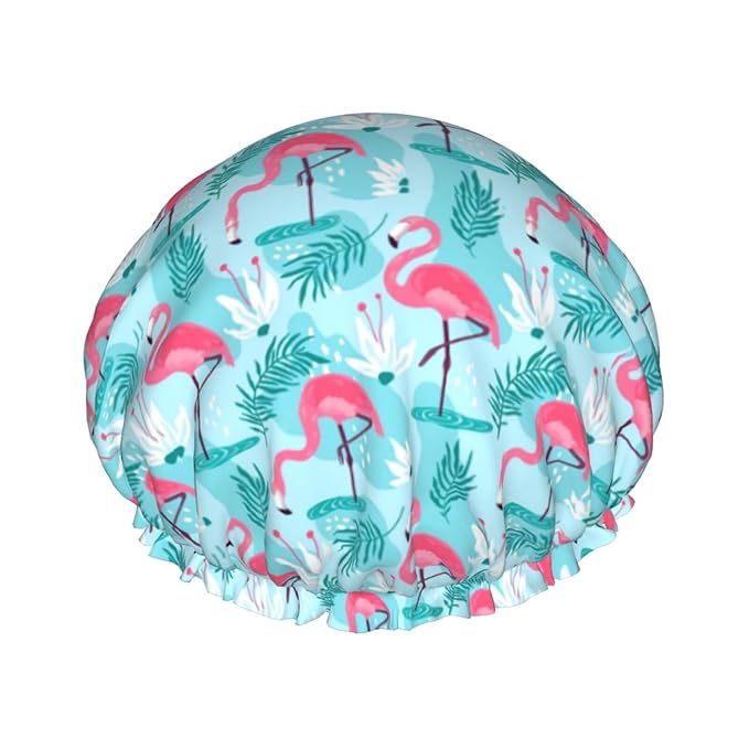 Pink Flamingos Shower Cap For Women Reusable Waterproof Double Layers Bath Cap by YUZEKABZ