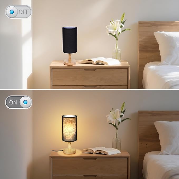 Black Small Bedside Table Lamp for Bedroom, Natural Round Wood Base&Fabric - Image 6
