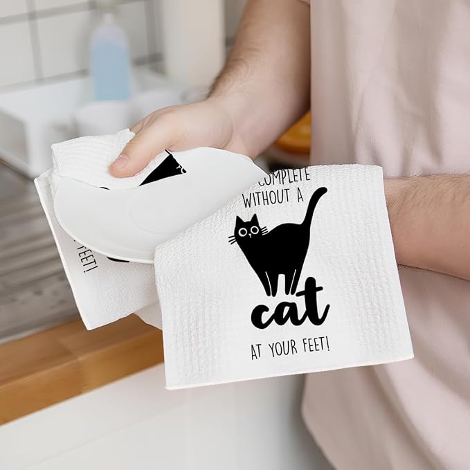2Pcs Cat Kitchen Towels "The Secret Ingredient Is Cat Hair" Design Farmhouse - Image 3