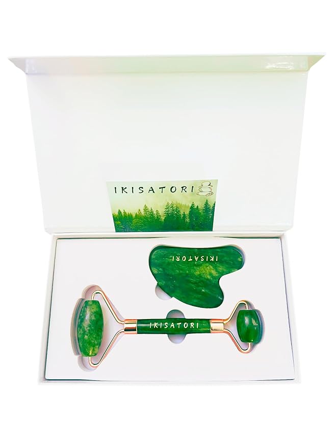 Green Jade Natural Stone Curved Facial Roller & Guasha Set - Image 5