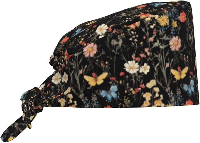 Scrub Cap for Women and Men Boho Black Leaf Pattern Adjustable Breathable by SUPLUCHOM