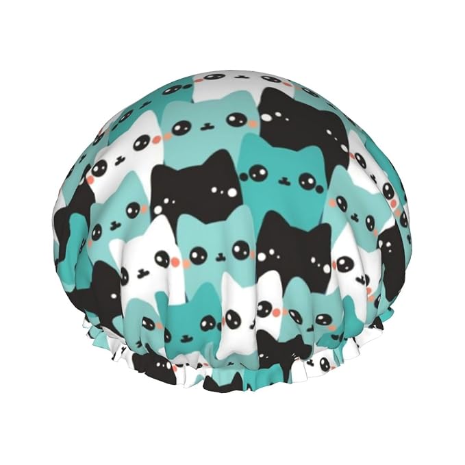 Cat Pattern Shower Cap For Women Reusable Waterproof Double Layers Bath Cap by YUZEKABZ