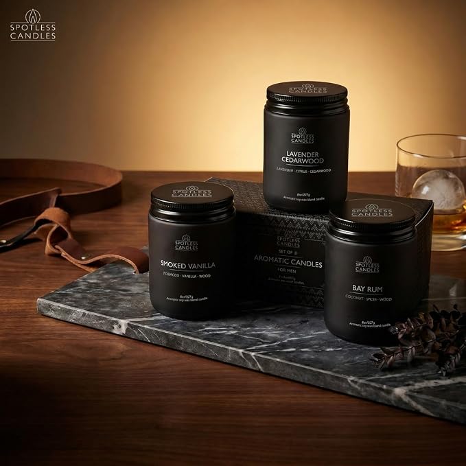 Mens Candle 3 x 8oz Pack Smoked Vanilla Bay Rum and Lavender Cedarwood Scents - Image 9
