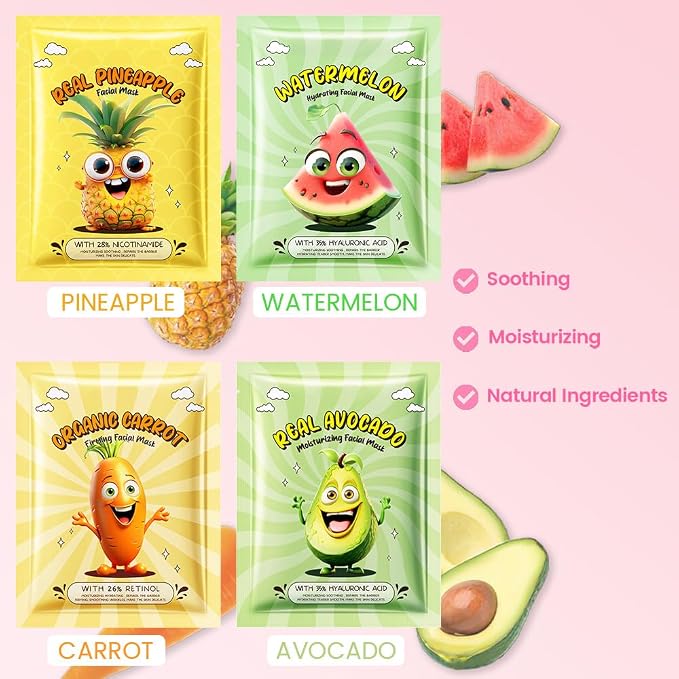 Kaely 12 Pack Fruit Face Masks for Kids, Kids Face Mask Spa Day Kit Supplies - Image 2