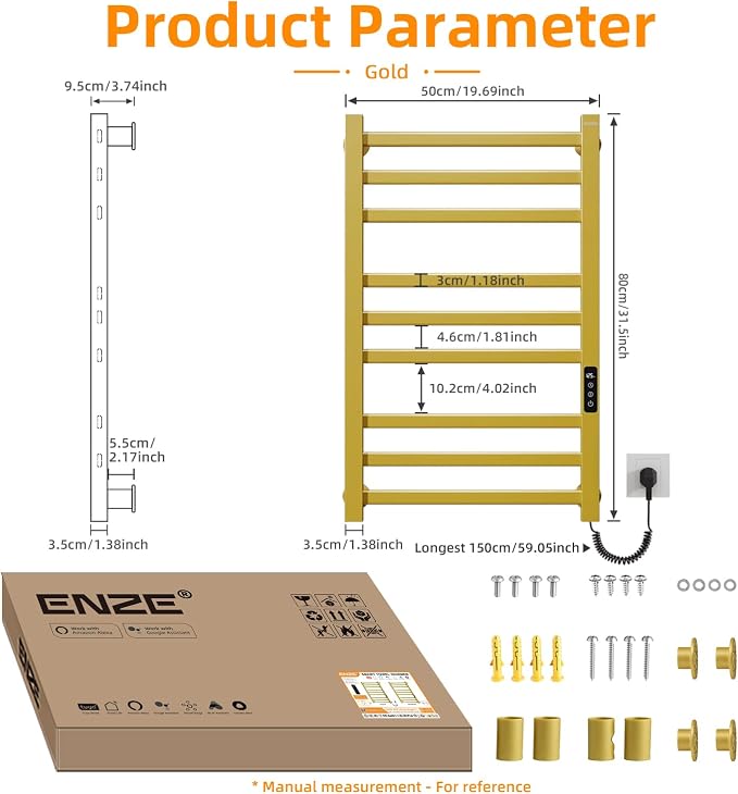 ENZE Smart Heated Towel Rack, 9-Bar Wall-Mounted Electric Towel Warmer 230W - Image 9
