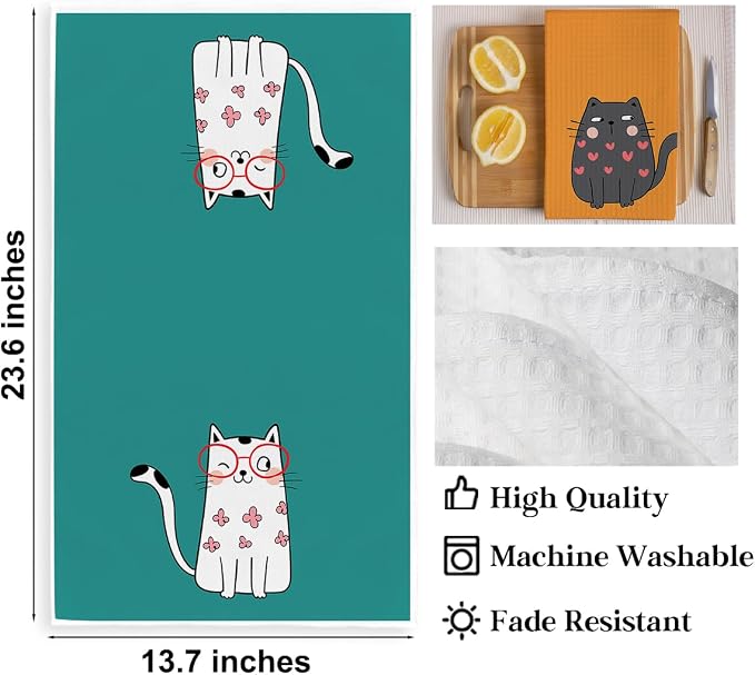 2PCS Cute Cat Kitchen Towels, Cat Themed Gifts Reusable Absorbent Waffle Weave - Image 2
