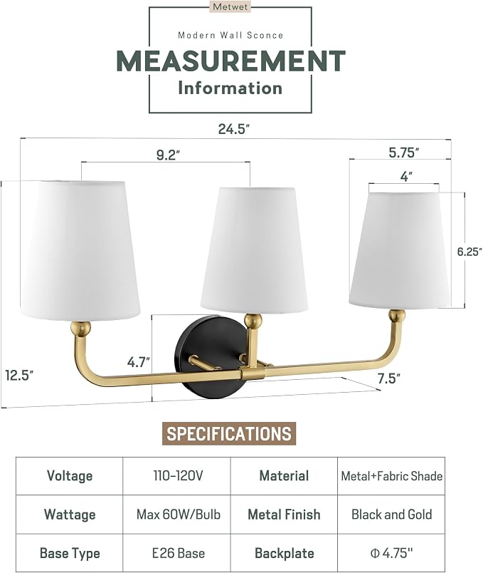 Bathroom Light Fixtures, 3-Light Wall Sconce, Modern Sconces Wall Lighting - Image 2