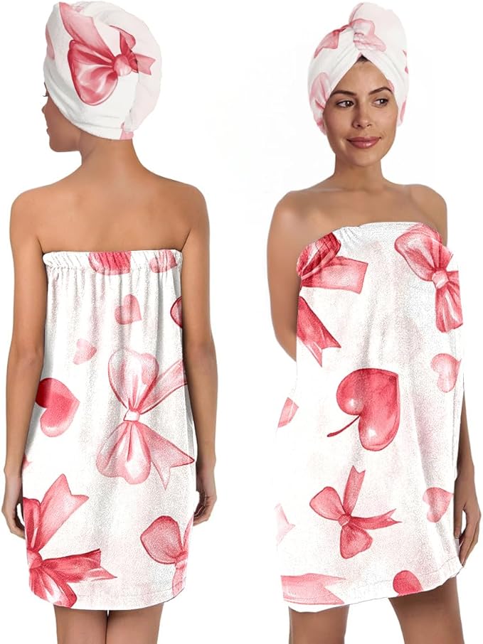 Valentine Heart Bow Bath Wrap and Hair Drying Turban Set – Soft Microfiber by QIULIBMH