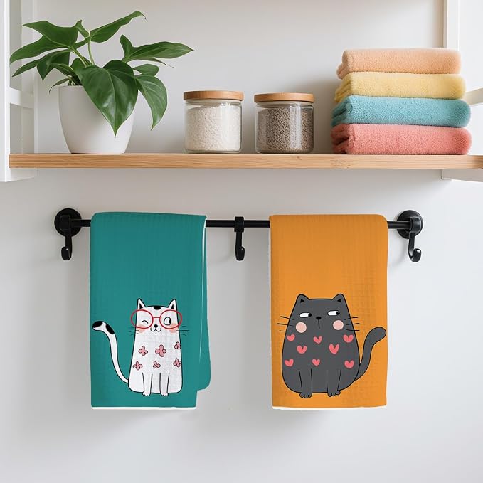 2PCS Cute Cat Kitchen Towels, Cat Themed Gifts Reusable Absorbent Waffle Weave - Image 4