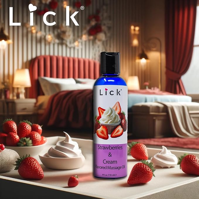 Lick Strawberries and Cream Flavored Massage Oil – Romantic, Body Safe - Image 3