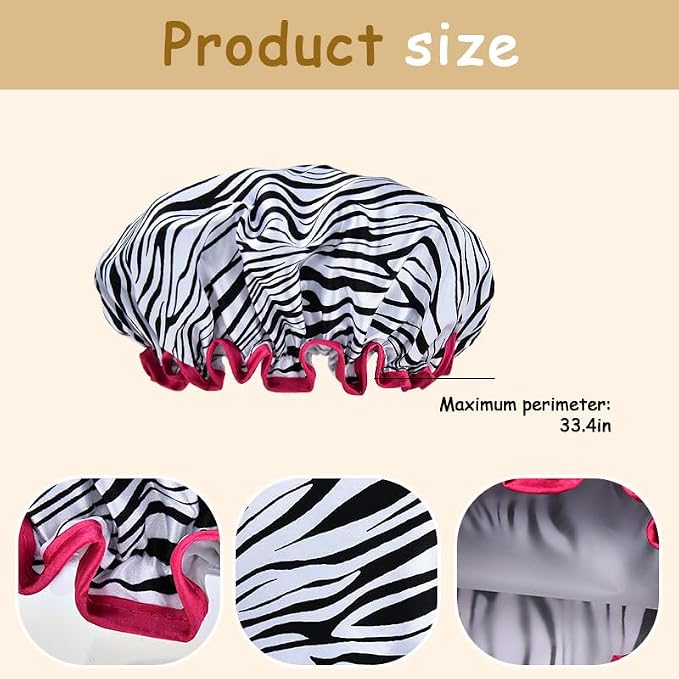 Vintage Zebra Print Shower Cap for Women Reusable Waterproof Large Adjustable - Image 2