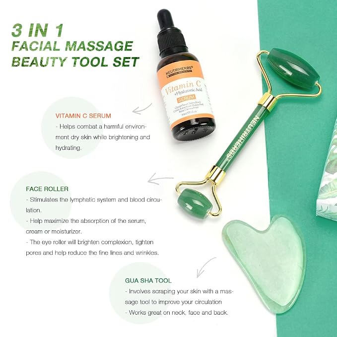 NEUTRIHERBS Jade Gua Sha & Face Roller & Vitamin C Serum Facial Tool Set - Image 5