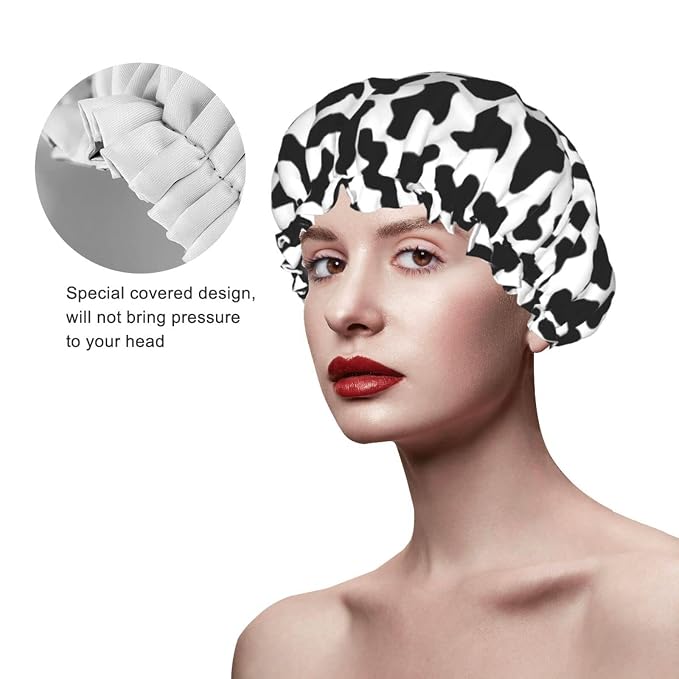 Black And White Cow Skin Abstract Animal Farm Shower Cap - Image 4