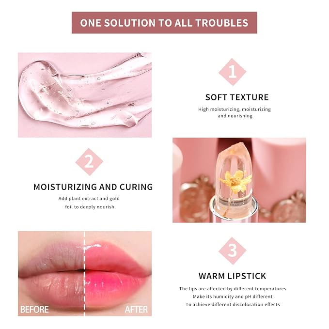 BestLand 3 Pcs/Set Flower Jelly Lipstick Set Temperature Change Moisturizer - Image 8