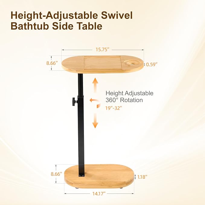 Bamboo Bathtub Side Table, 360° Swivel Height Adjustable Freestanding Bath - Image 2