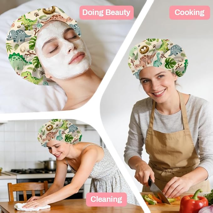 Dinosaurs Leaves Reusable Shower Cap Cute Double Layer Waterproof Shower Caps - Image 7