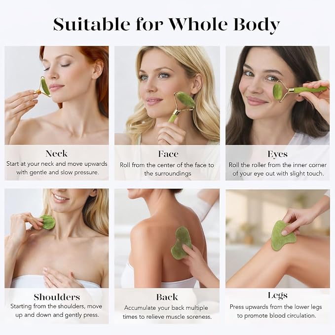 Jade Roller and Gua Sha Set, Natural Jade Stone Facial Massage Tools - Image 3
