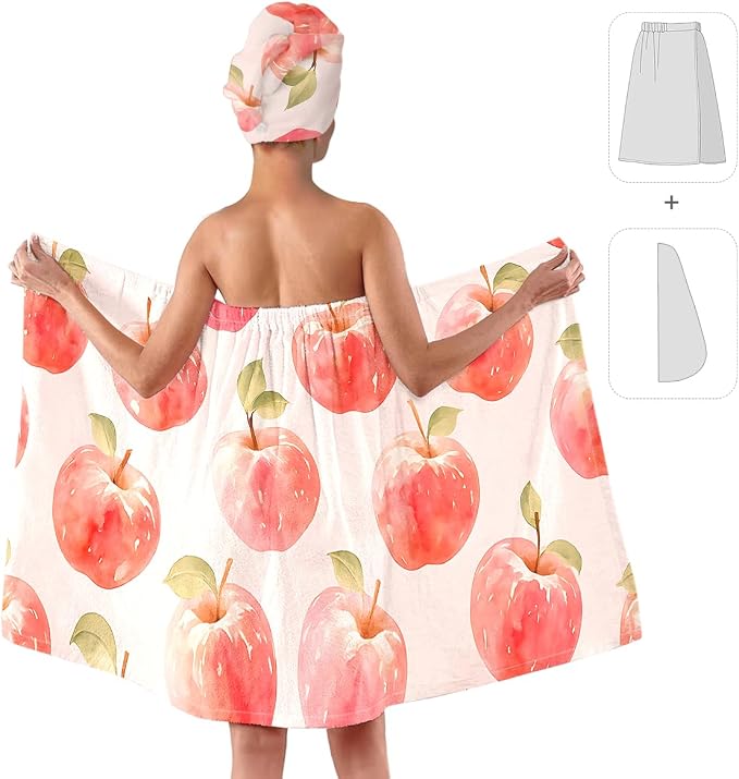 QIULIBMH Women’s Apple Print Bath Wrap and Hair Towel Set, Soft Absorbent - Image 2