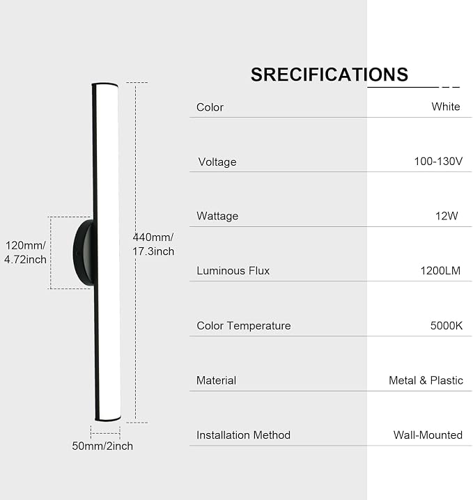 OOWOLF Bathroom Vanity Light, Adjustable Brightness 12W 17.3inch Bathroom Light - Image 6