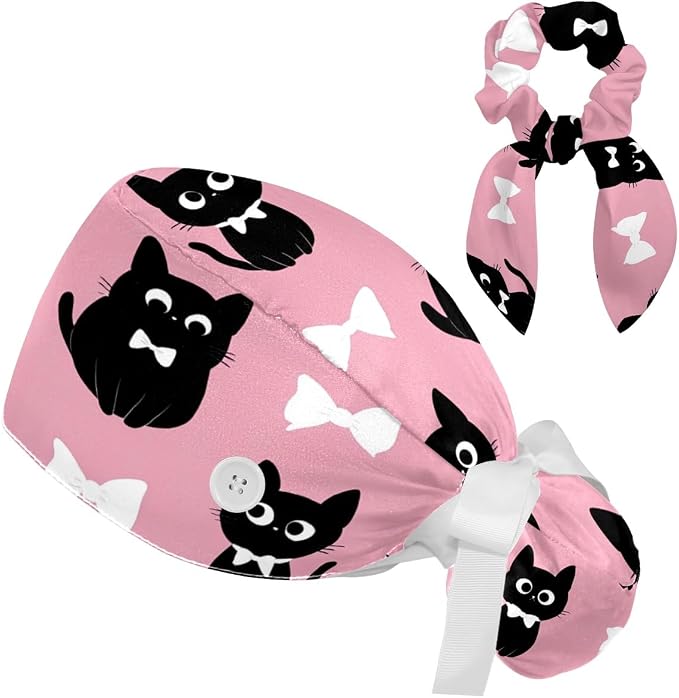 Scrub Caps Women Ponytail Cute Pink and White Leaves Caps Bouffant Working Hat by Unknown