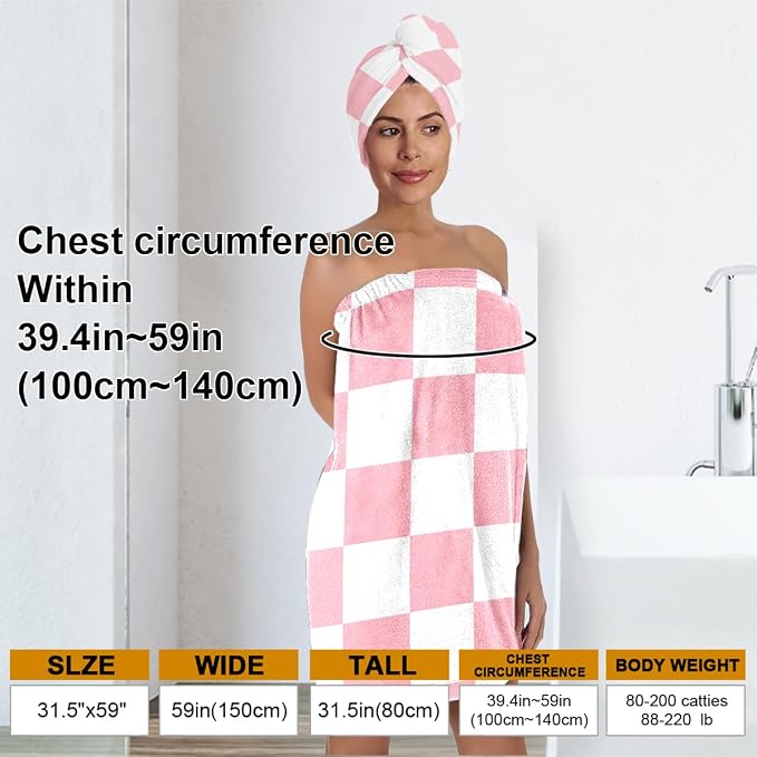 Checkered Bath Wrap Set with Hair Turban, Spa Towel Wrap, Towel Robe - Image 3