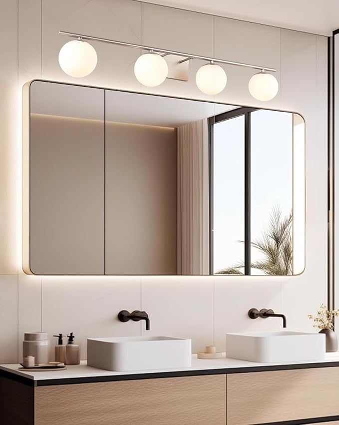 New Bathroom Vanity Light Fixtures 4 Lights Brushed Nickel Glass Shade Modern - Image 2
