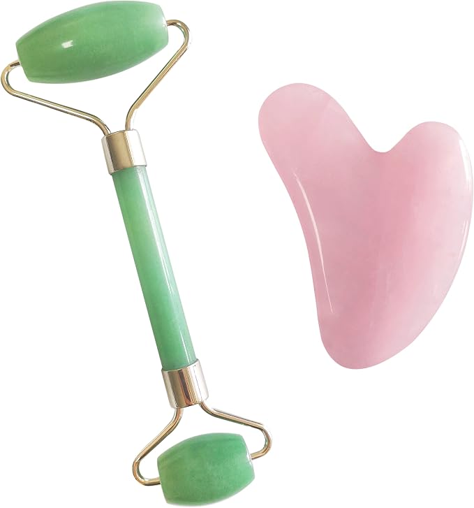 Rose Quartz Gua Sha and Jade Roller Set – Guasha Face Massage Tool Lymphatic by MinaHeal%C2%AE