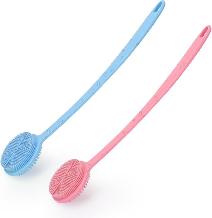 2 Pack Back Scrubber for Shower, 17in Lengthen Long Handle Body Brush, Double by -100SoftSilicone-