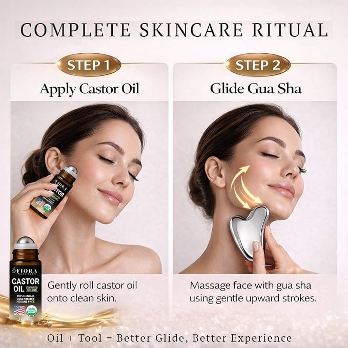 Organic Castor Oil Roll On & Stainless Steel Gua Sha Facial Tool – Metal Face - Image 2