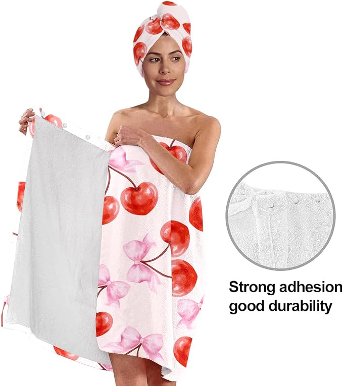 Women's Cherry Bow Towel Wrap and Hair Drying Cap Set – Pink Microfiber Shower - Image 2