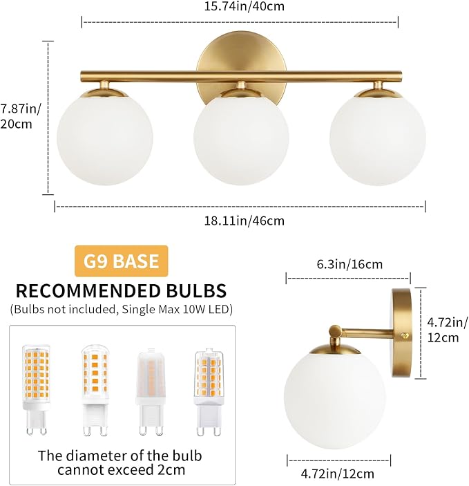 Globe Bathroom Light Fixtures 3-Light Brass Gold Vanity Light - Image 5