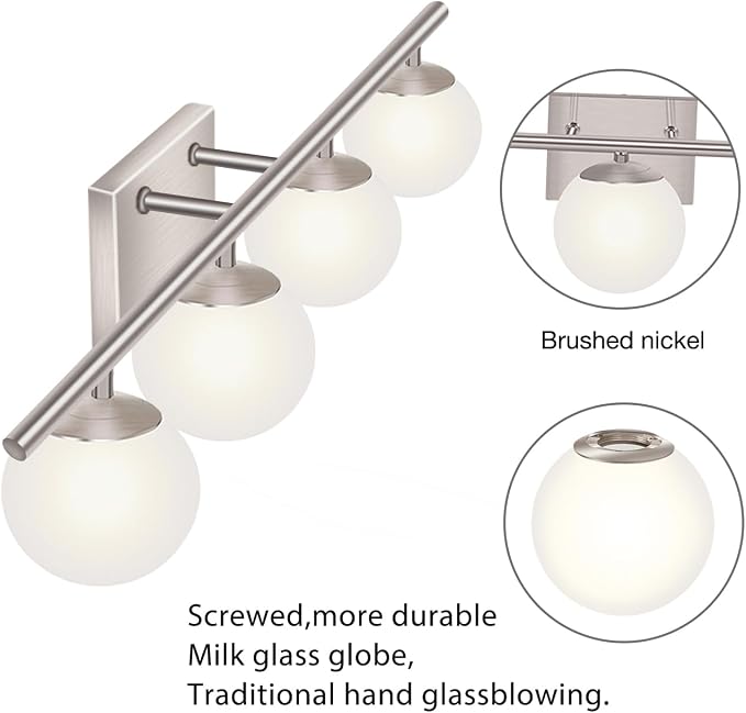 New Bathroom Vanity Light Fixtures 4 Lights Brushed Nickel Glass Shade Modern - Image 3