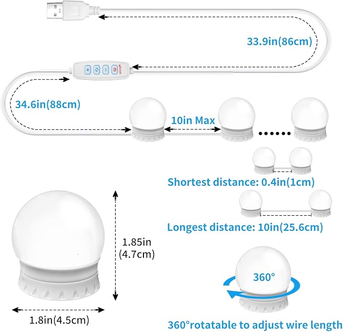 LED Vanity Mirror Lights with 12 Stick On Dimmable Bulbs, 3000K 4500K 6500K & - Image 5