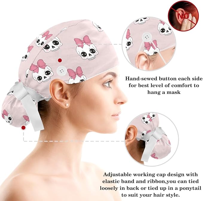 Scrub Caps Women Ponytail Cute Pink and White Leaves Caps Bouffant Working Hat - Image 3