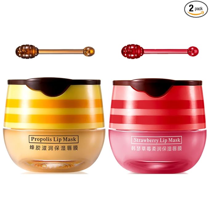 2 Pcs Bee Lip Balm Honey Pot, Honey & Strawberry Lip Mask Propolis Moisturizing by WFWJ