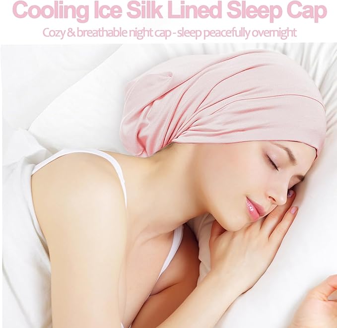 Sleep Cap Bonnet for Sleeping, Adjustable Cooling Ice Silk Lined Hair Bonnets - Image 3