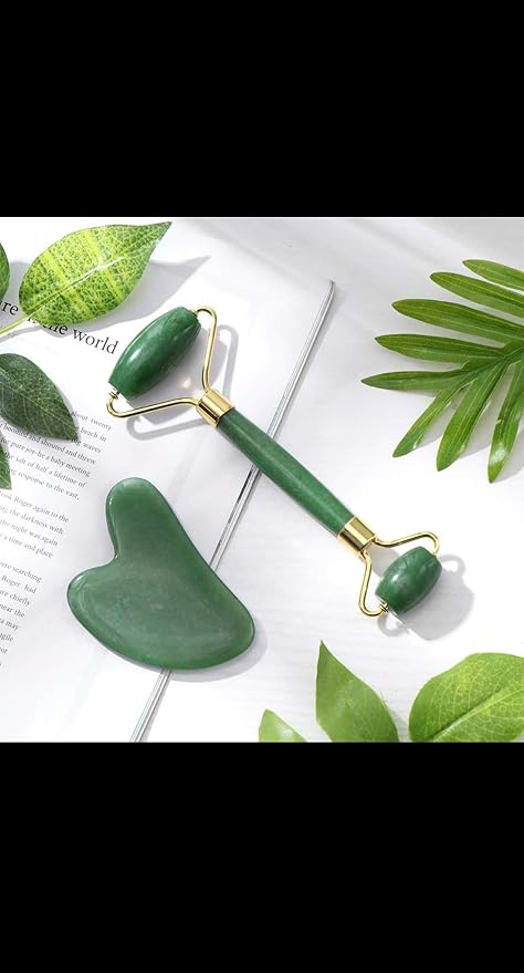Jade Roller and Gua Sha Set, Natural Green Stone Facial Massage Tools by Unknown