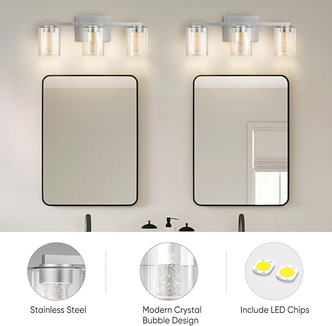 LED Modern Bathroom Light Fixtures Over Mirror, 3-Light Brushed Nickel Vanity - Image 4