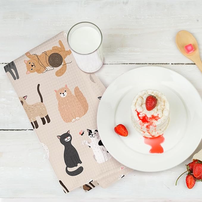 3PCS Cute Cat Kitchen Towels, Cat Themed Gifts Reusable Absorbent Waffle Weave - Image 6