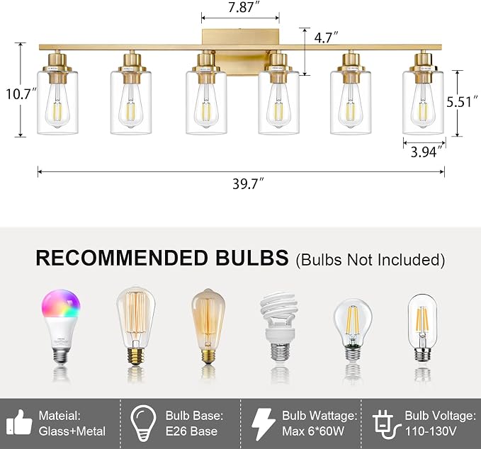 6 Light Gold Bathroom Light Fixtures Brushed Brass Vanity Light Over Mirror - Image 4