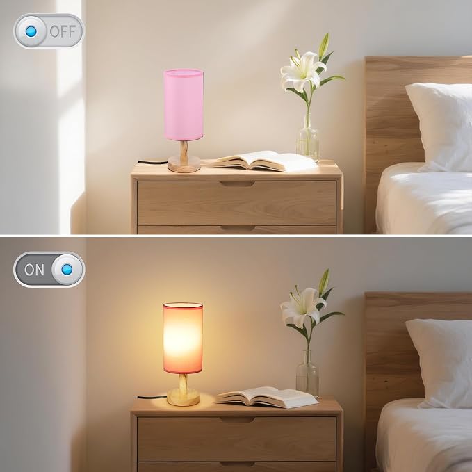 Pink Small Bedside Table Lamp for Bedroom, Natural Round Wood Base&Fabric Linen - Image 6