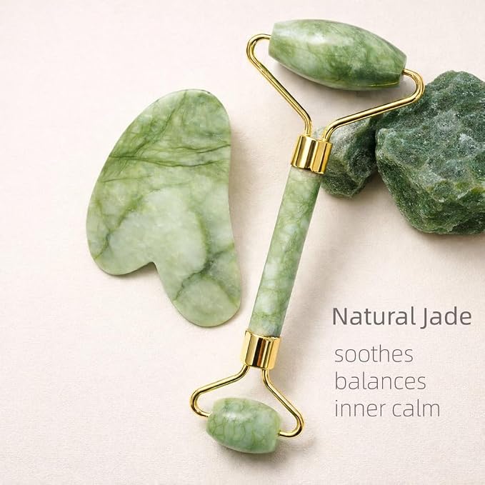 Jade Roller and Gua Sha Set, Natural Jade Stone Facial Massage Tools - Image 2