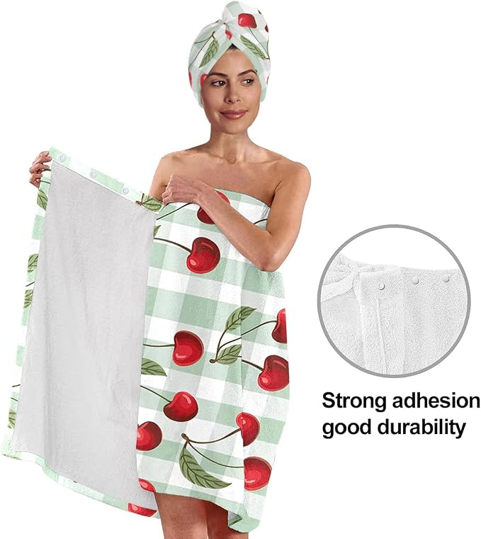 Cherry Print Bath Wrap Skirt and Hair Drying Cap Set – Absorbent Microfiber - Image 4