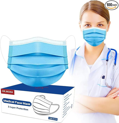 100 Pack Disposable Face Masks ASTM Level 2, Medical Grade 3 Ply Protection by DRMOXA